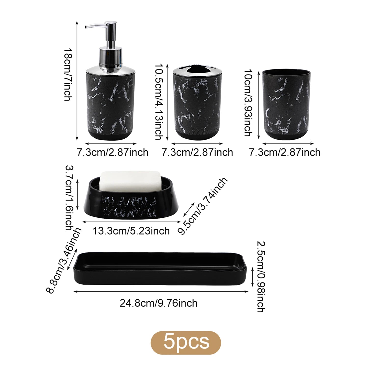 5-Piece Marble Bathroom Accessory Set (Black & White) – Lotion Dispenser, Toothbrush & Mouthwash Cups, Soap Dish & Box