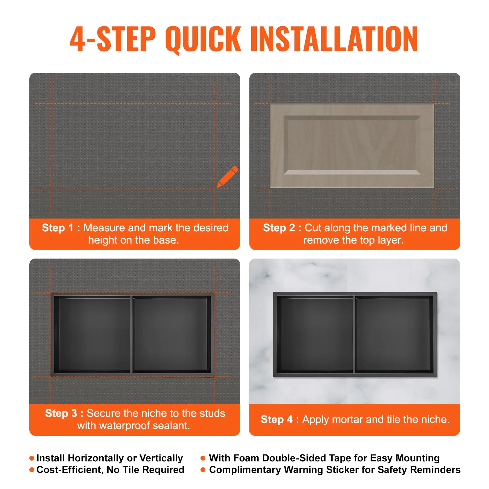 No-Tile 304 Stainless Steel Recessed Shower Niche – Double Shelf Wall Insert