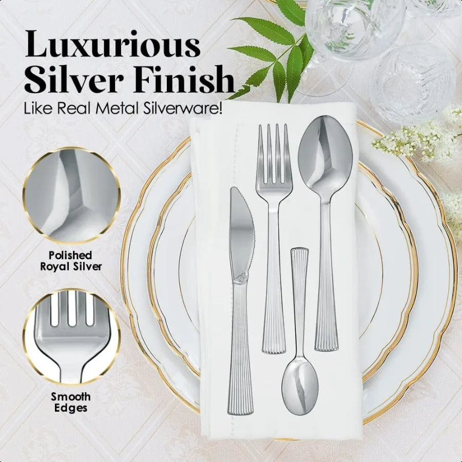 100-Piece Heavy-Duty Plastic Silverware Set – Elegant Disposable Knives & Flatware for Parties & Events