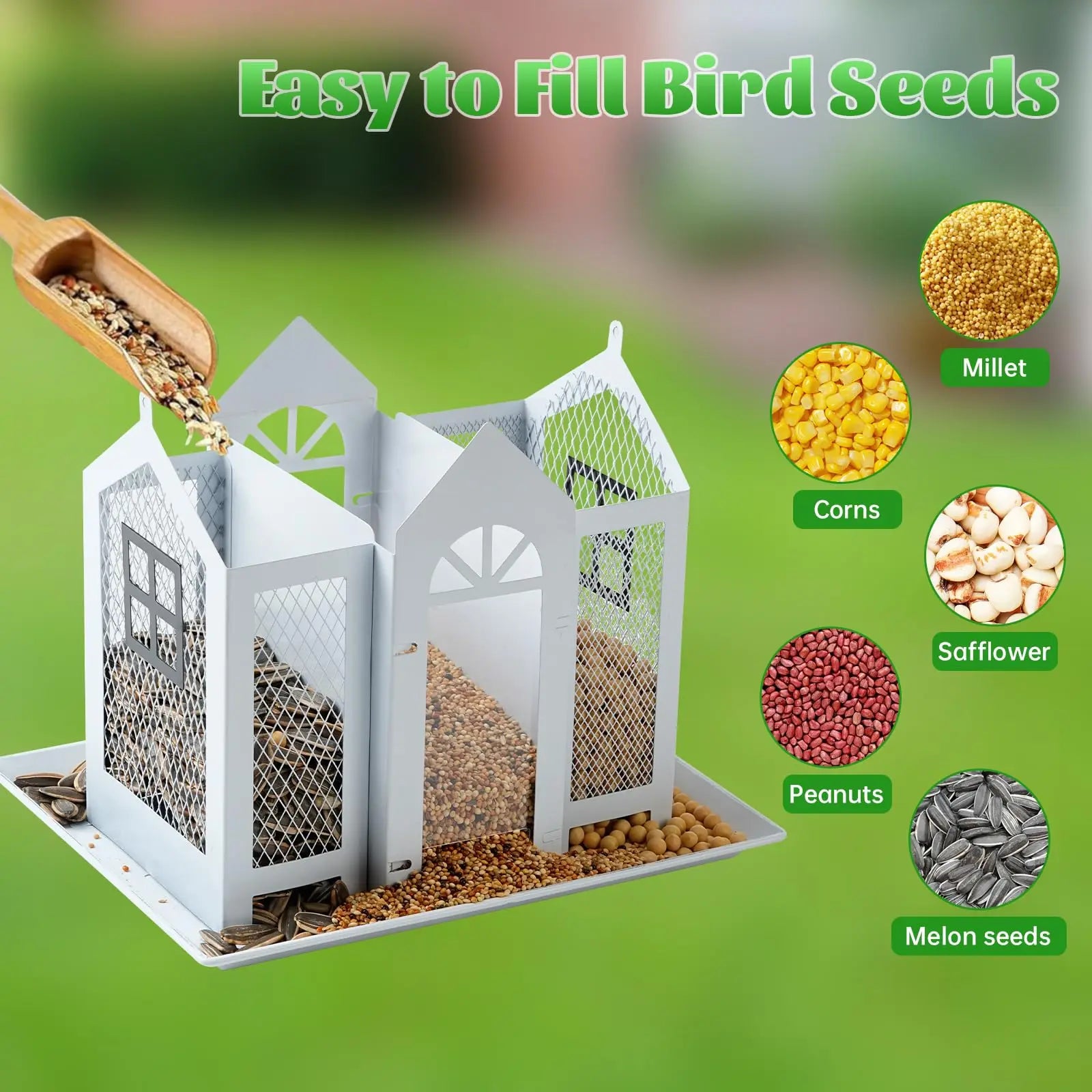 Outdoor Hanging Wild Bird Feeder – Large-Capacity Metal Mesh Seed Tray & Roof Cover for Garden, Tree, Patio