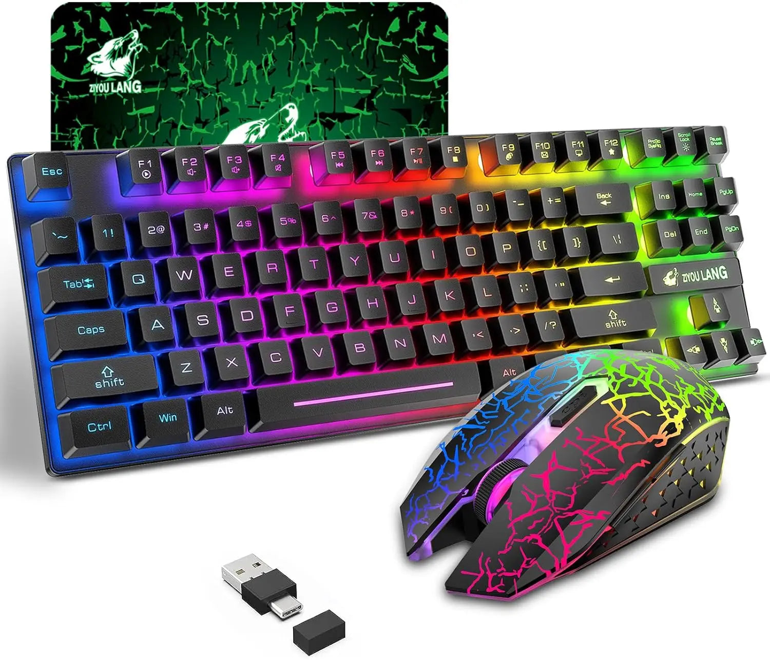 Mambasnake T87 Wireless Gaming Keyboard & Mouse Combo with 87-Key Rainbow LED Backlight and Rechargeable Battery (118 characters)