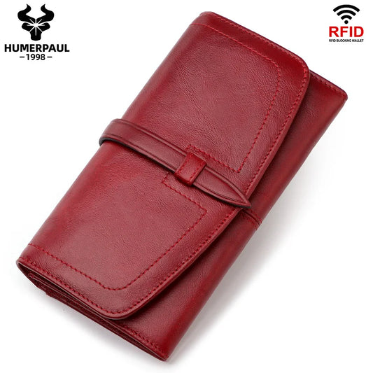 Women’s Genuine Leather Long Wallet – Luxury Clutch Purse with Phone Pocket, Card Holder & Casual Handbag Style