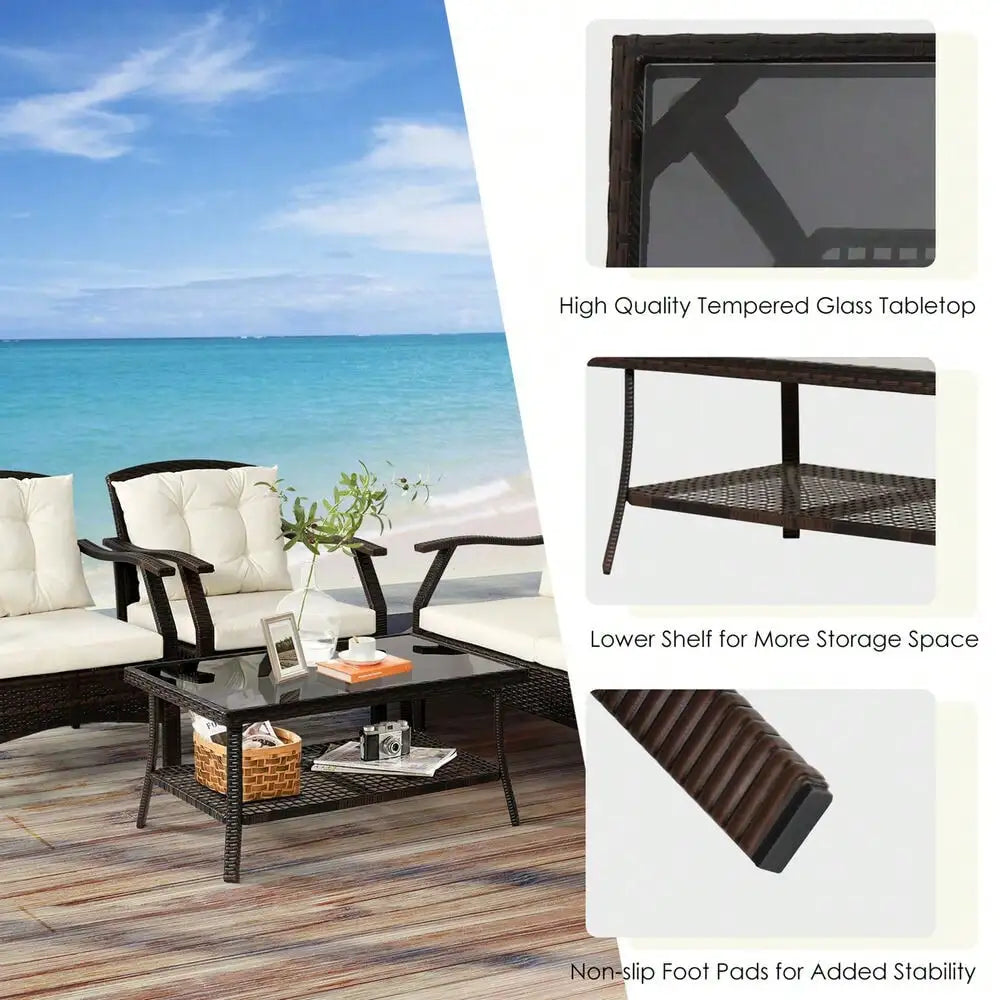 “4-Piece Rattan Patio Conversation Set – Wicker Sofa, Chairs, Coffee Table with Waterproof Cover for Outdoor Living”