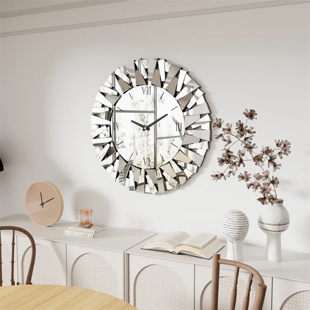Large 3D Mirrored Wall Clock – Sunburst Round Roman Numeral Design (32–80cm) for Modern Living Room, Dining Room & Fireplace Décor