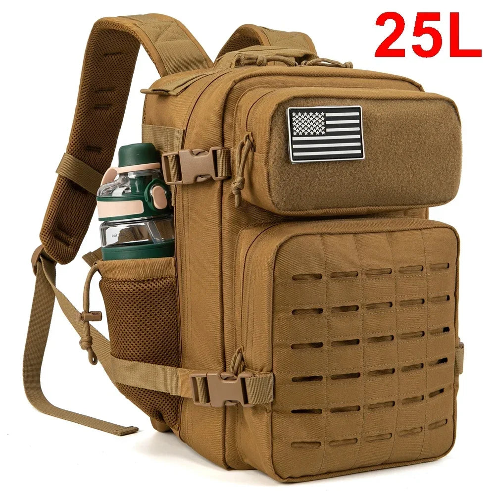 25L Tactical Gym & Survival Backpack – MOLLE Laser-Cut Daypack with Dual Cup Holders for Hiking, Hunting & Bug-Out Use