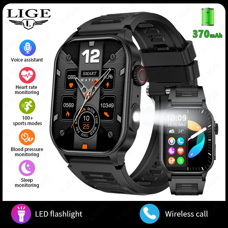 LIGE Smart Watch for Men – 2.01” HD Military Sport Smartwatch with Bluetooth Call, Health Monitor, LED Flashlight & Waterproof Design