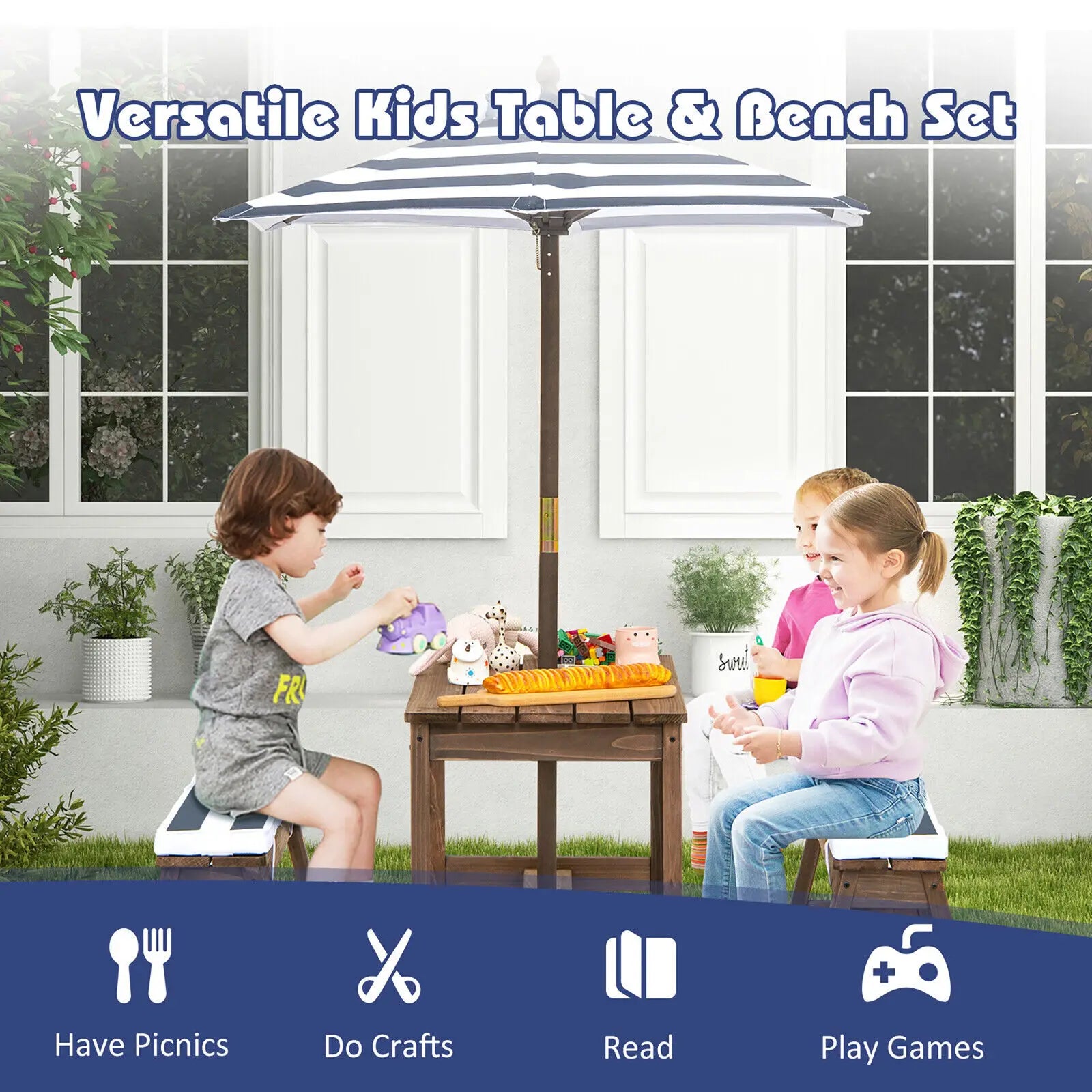Kids Wooden Picnic Table & Bench Set with Cushions and Umbrella – Indoor & Outdoor Use (Blue)