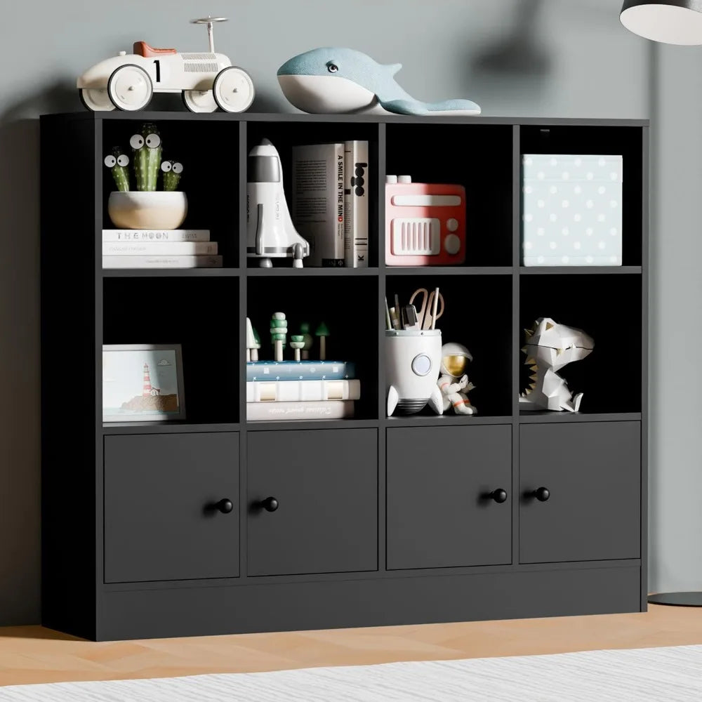 🪵 Black Wood 12-Cube Bookshelf with 4 Doors – 3-Tier Storage Cabinet with Adjustable Shelves for Bedroom & Living Room