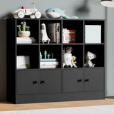 🪵 Black Wood 12-Cube Bookshelf with 4 Doors – 3-Tier Storage Cabinet with Adjustable Shelves for Bedroom & Living Room