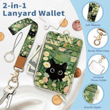 Floral Cat Lanyard Wallet – RFID Small Keychain Wristlet with ID Badge Holder & Zippered Card Storage