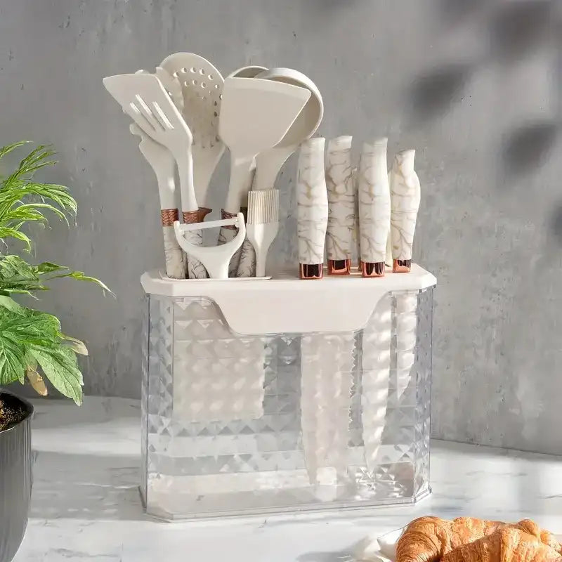 16-Piece Stainless Steel Kitchen Knife & Silicone Kitchenware Set – Bread Knife, Scissors, Peeler & Tool Res