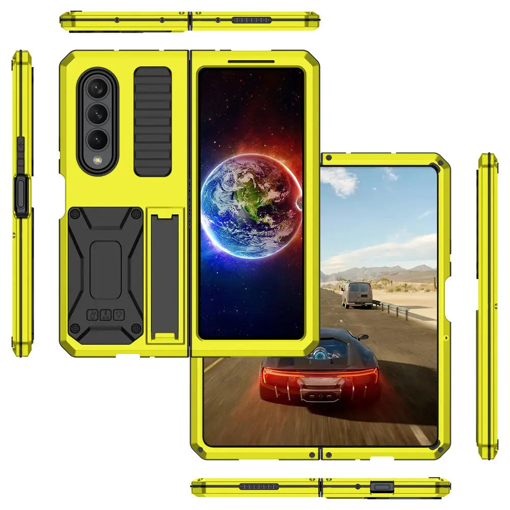 Heavy Duty Armor Metal Aluminum Case – Shockproof Military Stand Cover with Screen Protector for Samsung Z Fold 4