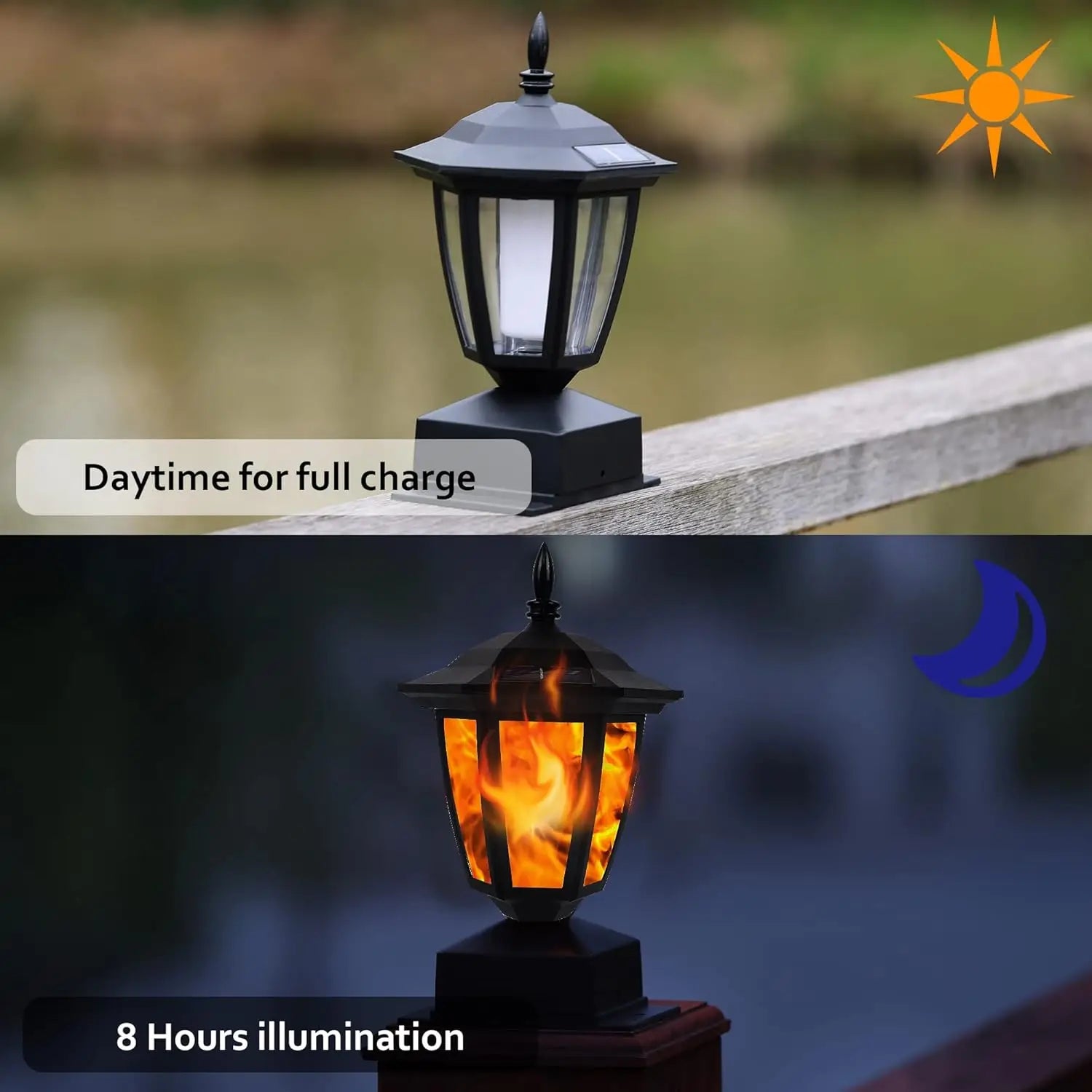 Waterproof Outdoor Solar Flame Post Light – Flickering Flame LED Lantern for Garden & Patio (Fits 4x4 / 5x5 / 6x6 Wooden Posts)
