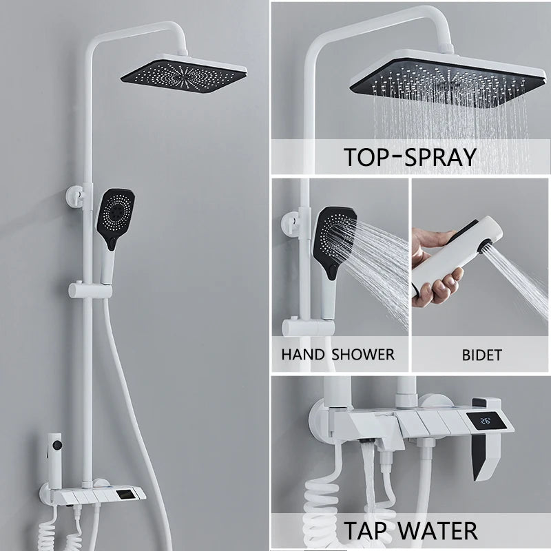 Grey Smart Digital Display Shower Faucet Set – Piano-Style Rainfall Bathroom System