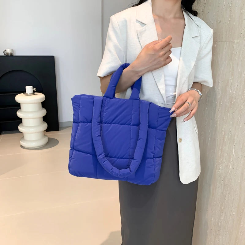 Women’s puffer tote bag – lightweight quilted padded shoulder handbag, solid-color fashion tote purse for outdoor travel, shopping & daily use