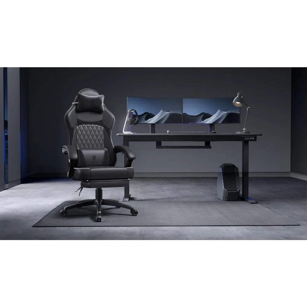 Ergonomic Gaming Chair with Pocket Spring Cushion – High-Back Gaming & Office Chair with Massage Lumbar Pillow, Adjustable Footrest & Headrest