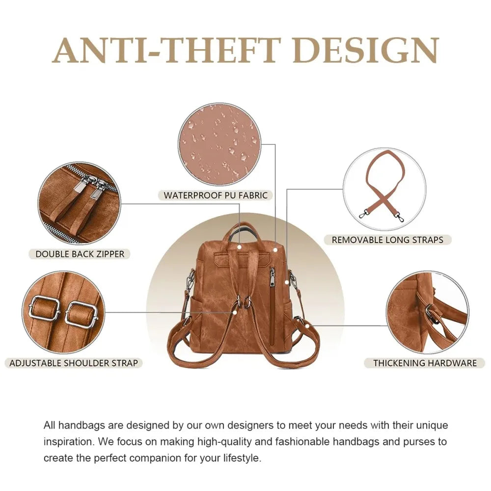 Waterproof PU Leather Backpack Purse for Women – Brown Casual Shoulder Handbag