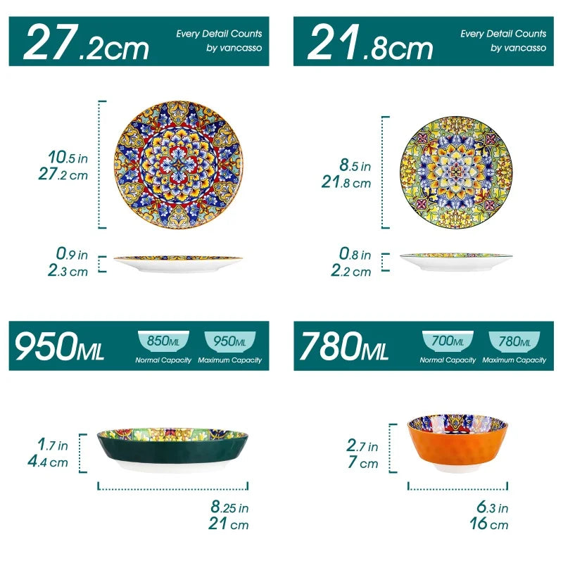 Bohemia Retro Ceramic Dinnerware Set – MALACASA, Vibrant Design (12 / 16 / 24-Piece)
