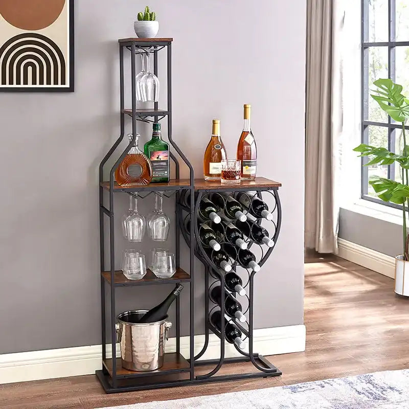 11-Bottle 5-Tier Freestanding Wine Baker’s Rack with Glass Holder & Storage Shelves