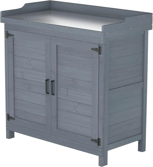 Outdoor Wooden Storage Cabinet – Waterproof Garden Tool Shed with Potting Bench & Work Station Table | Patio & Backyard Organizer