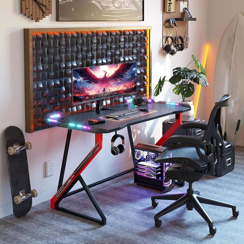 40″ Gaming Desk with LED Lights – Z-Shaped Gamer Workstation Table with Carbon Fiber Surface for PC & Accessories