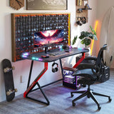 40″ Gaming Desk with LED Lights – Z-Shaped Gamer Workstation Table with Carbon Fiber Surface for PC & Accessories