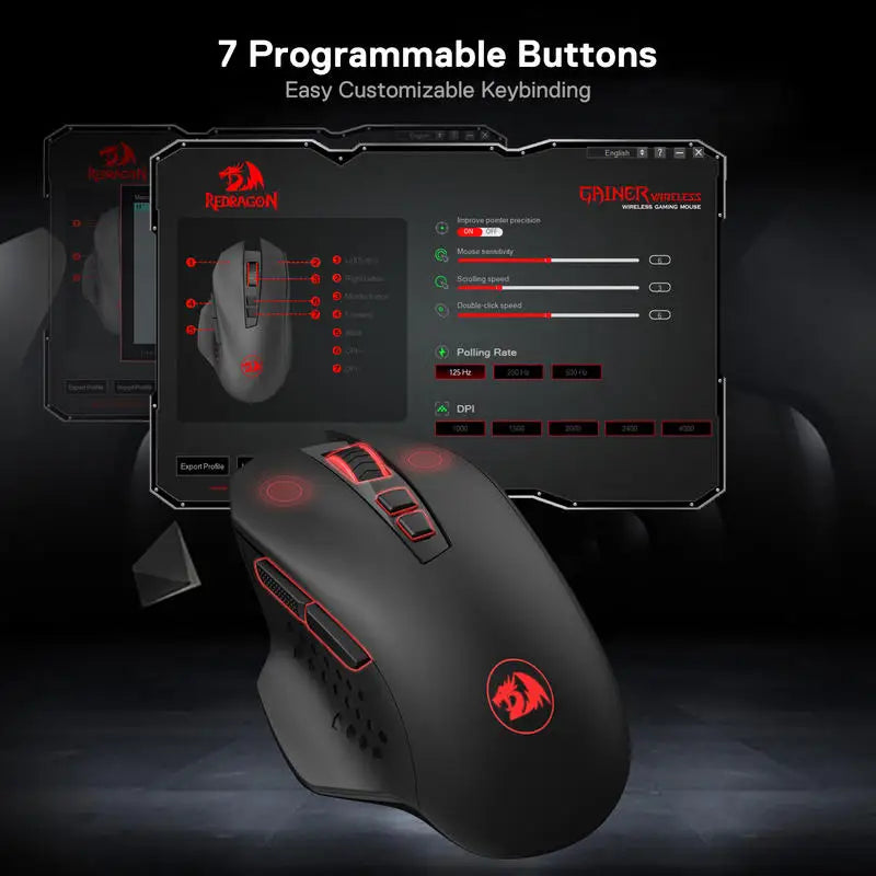 Redragon M656 Gainer Wireless Gaming Mouse – 2.4G Mouse with 4,000 DPI, 5 DPI Levels, 7 Macro Buttons & Red LED Backlight
