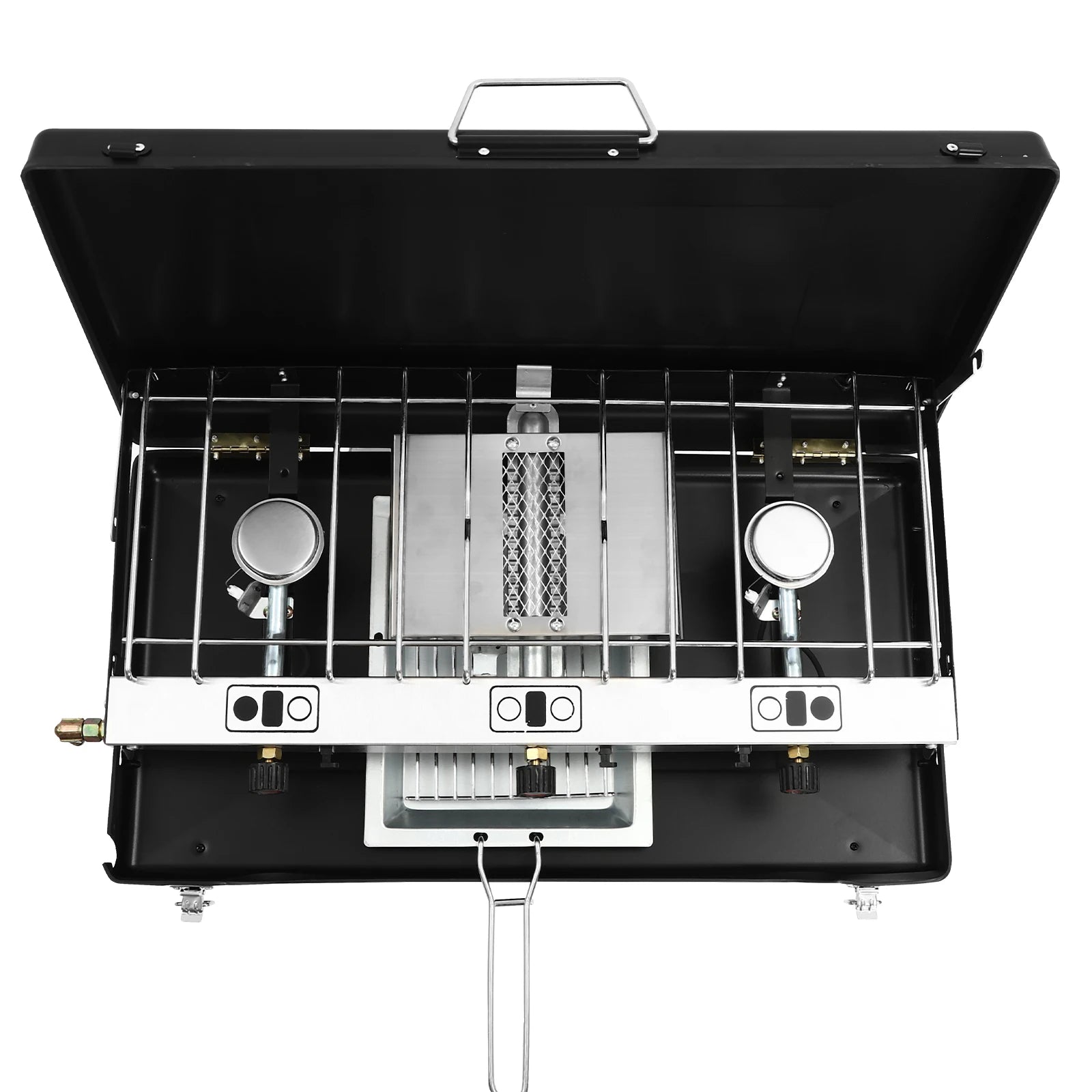 “Portable 3-Burner Camping Stove – Foldable Outdoor Gas Stove with Grid for BBQ & Cooking”