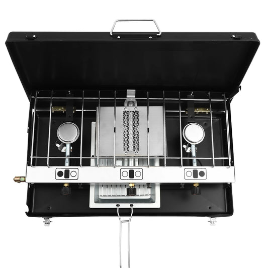 “Portable 3-Burner Camping Stove – Foldable Outdoor Gas Stove with Grid for BBQ & Cooking”