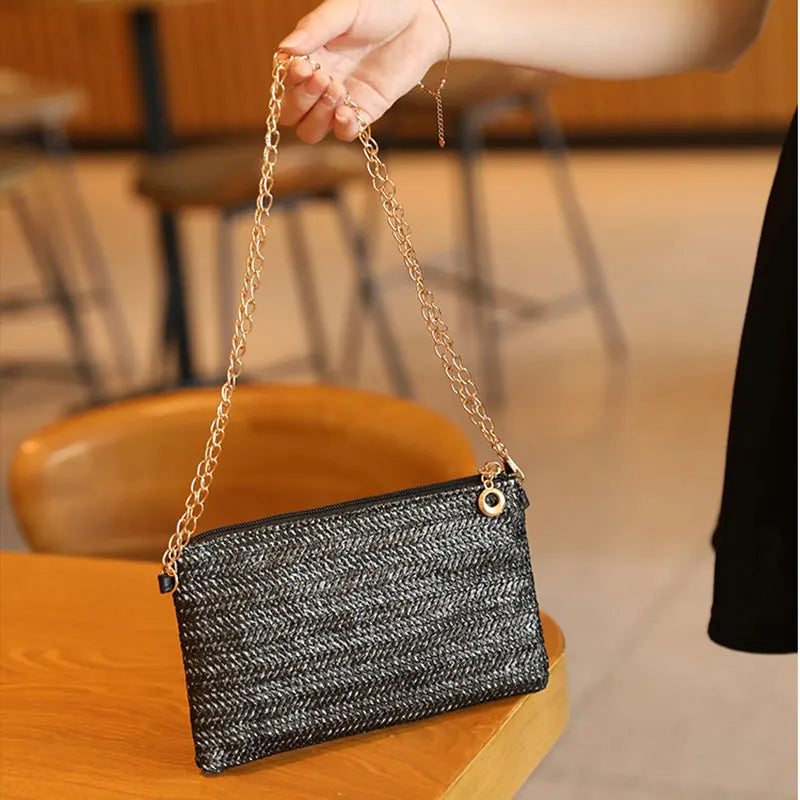 Straw Shoulder Chain Strap Crossbody Bag – Summer Casual Tote for Women