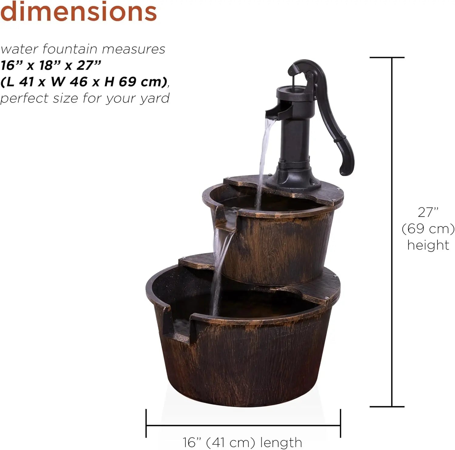 Rustic 2-Tier Barrel and Pump Water Fountain – Bronze Finish | 27”H Outdoor Garden & Patio Fountain with Relaxing Water Flow