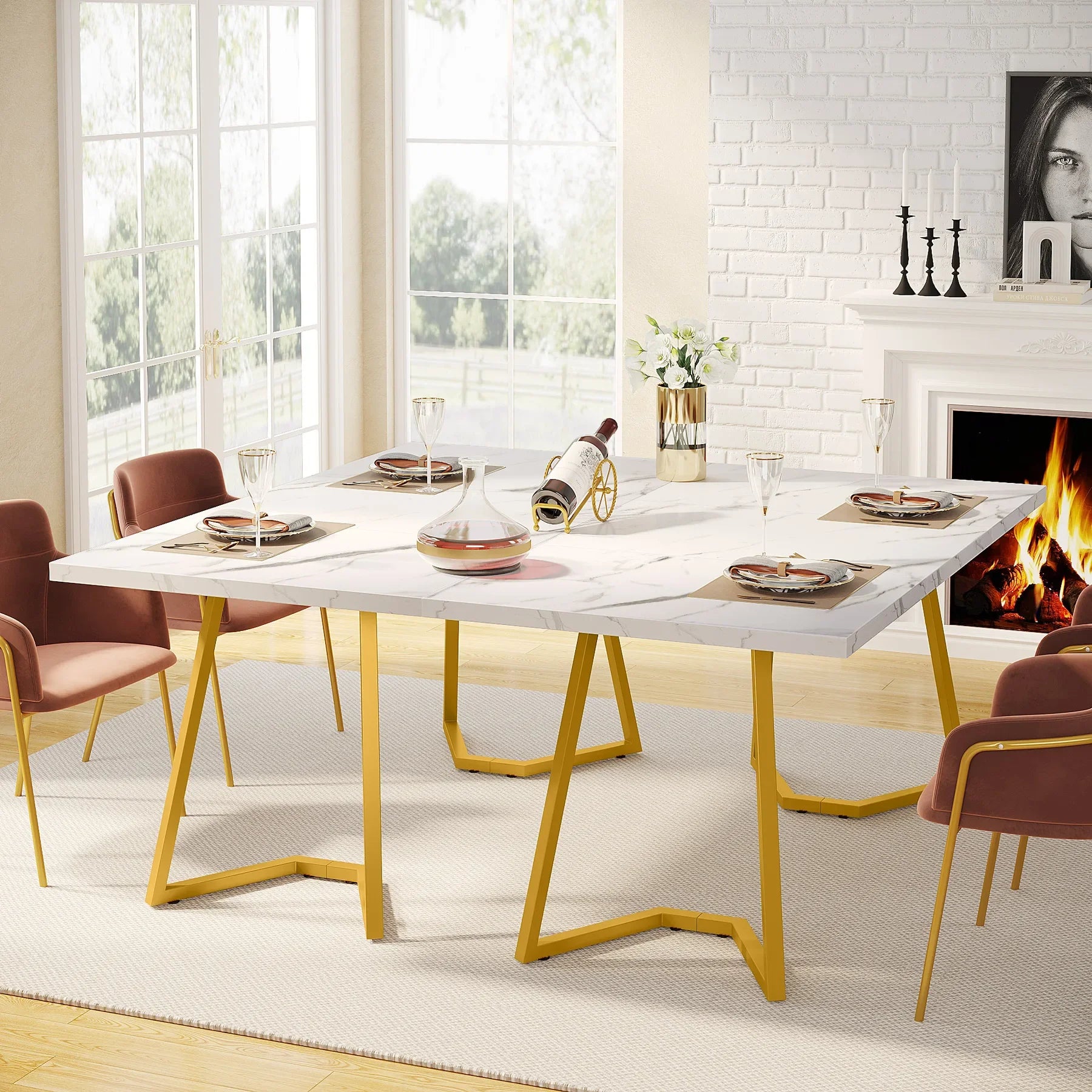Tribesigns 55" Gold Dining Table – Modern White Faux Marble Top with Golden Metal Legs | Elegant Dining Room Table for 6