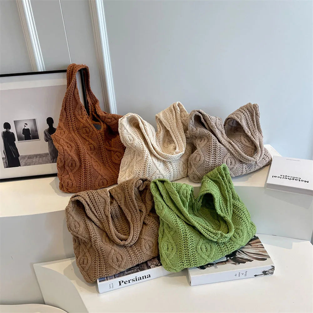 Wool-Knitted Shoulder Shopping Bag for Women – Vintage Cotton Cloth Tote, Large Crochet-Style Shopper Handbag