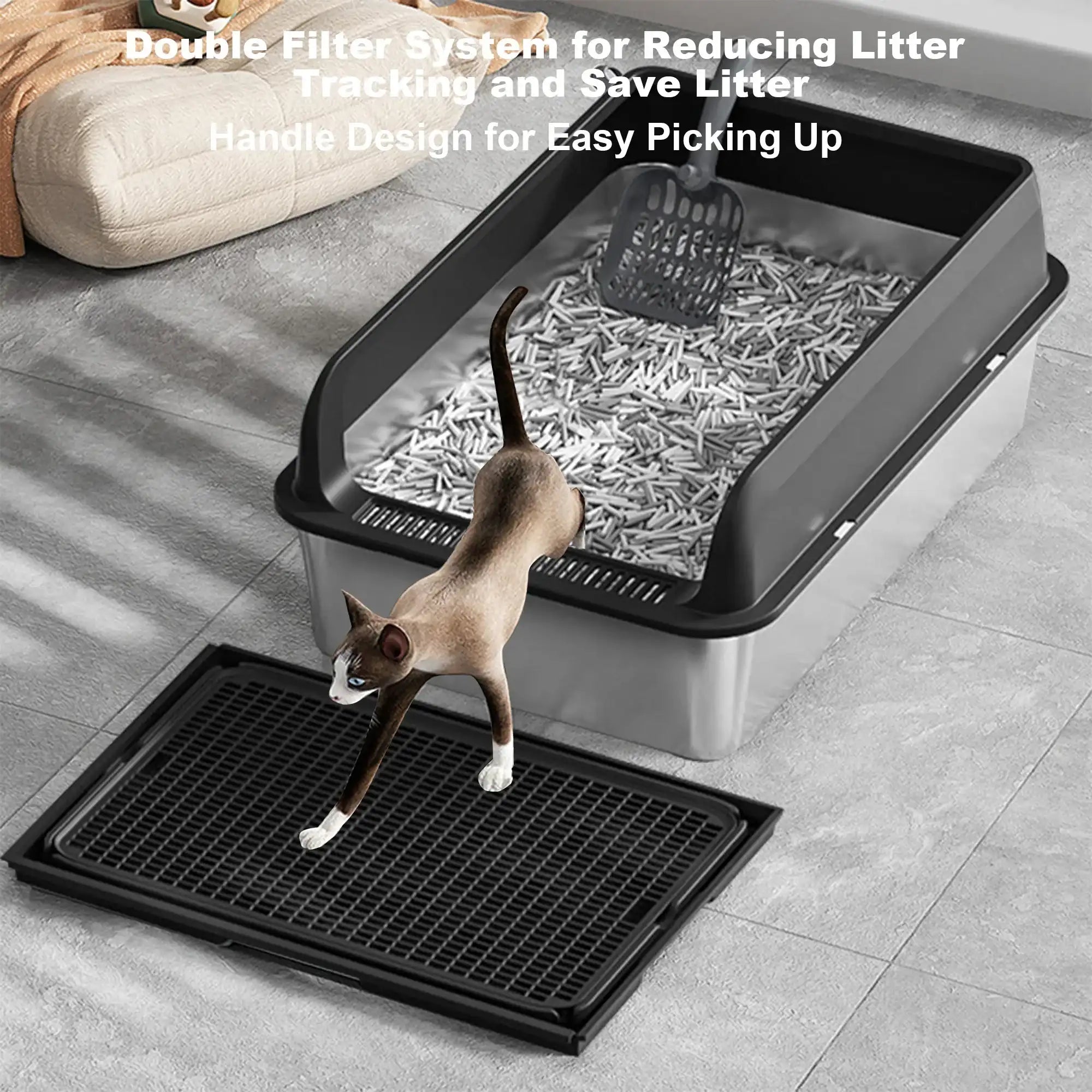 Stainless Steel Cat Litter Box – High-Sided Pan for Large Cats, Double-Layer Mat & Scoop Included