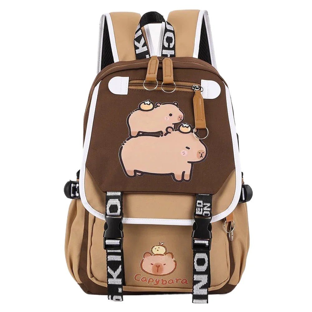 Capybara Flap Backpack with Pencil Case – Cute Nylon Animal Daypack for Teens