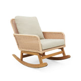 “3-Piece Modern Outdoor Seating Set – Beige Cushioned PE Rattan Rocking Chairs with Wooden Accent Table”