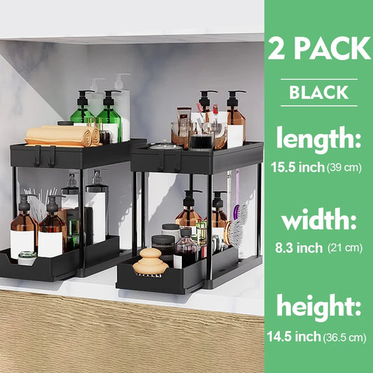 2-Tier Sliding Under-Sink Organizer with Hooks & Hanging Cup – Cabinet Storage Rack for Bathroom & Kitchen