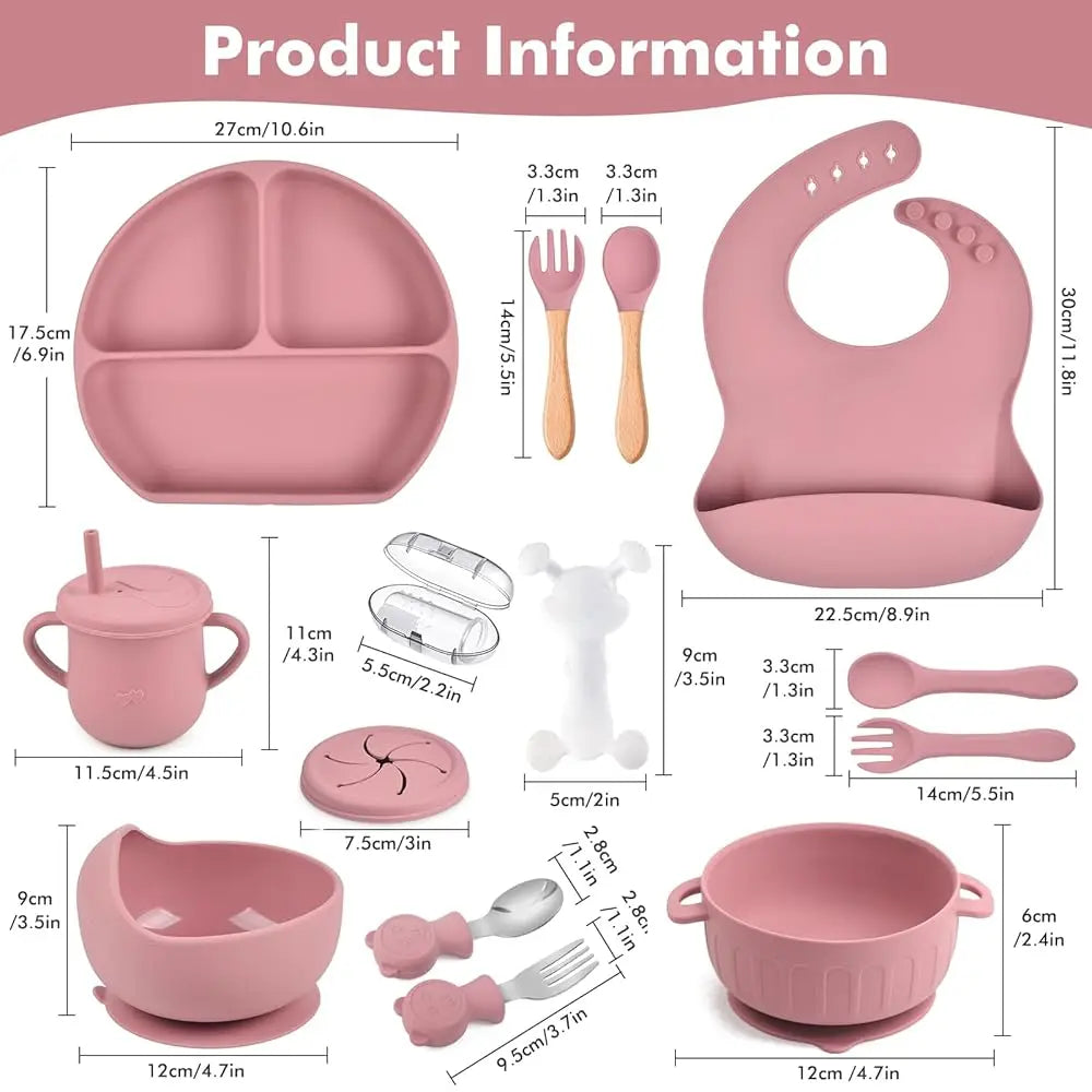 Silicone Baby Feeding Set – 15 Pcs Baby Weaning Essentials with Suction Bowl, Divided Plate, Bib, Cup, Spoons & Teething Toys