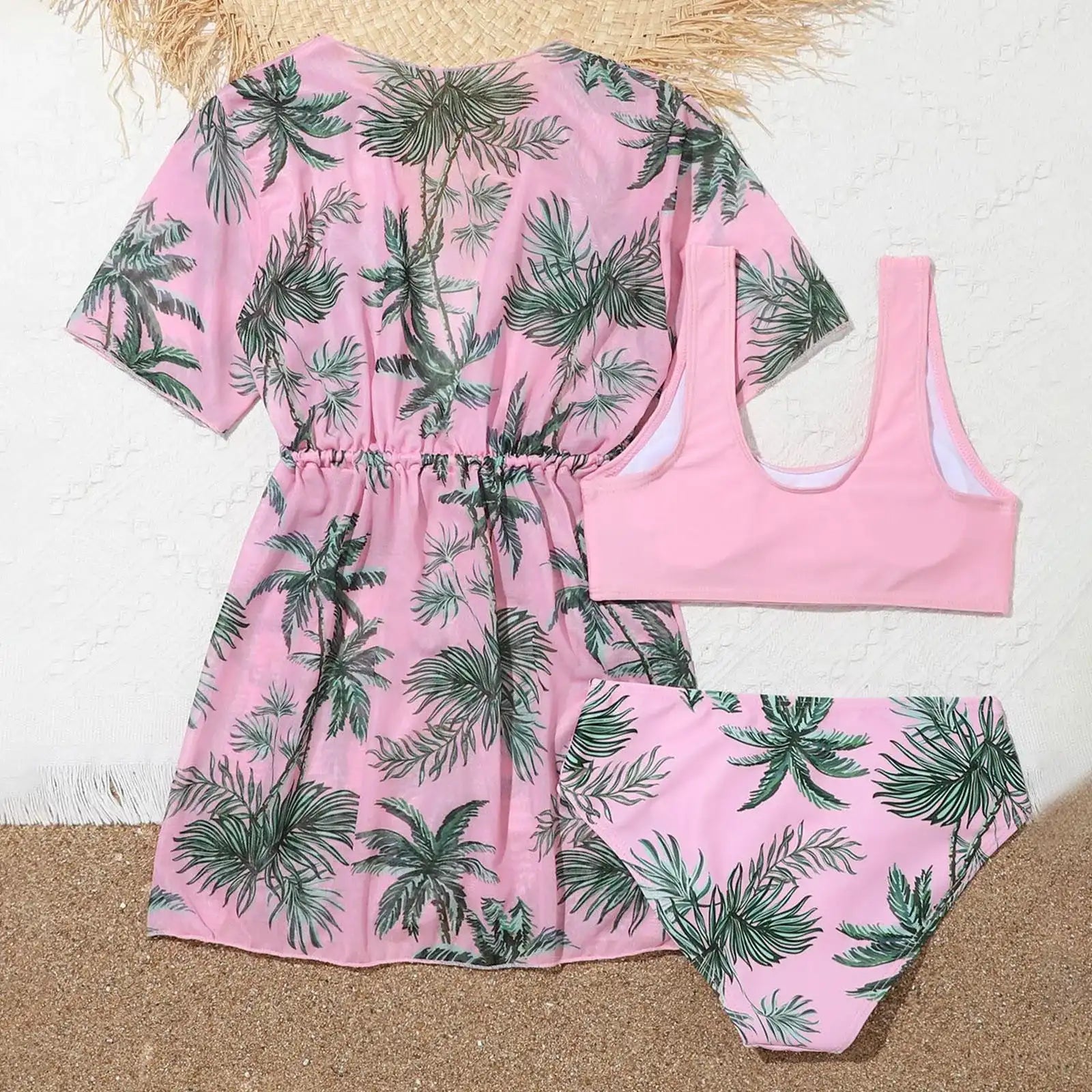 Green Floral Print 3-Piece Bikini Set for Girls (Toddler & Kids)