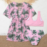 Green Floral Print 3-Piece Bikini Set for Girls (Toddler & Kids)