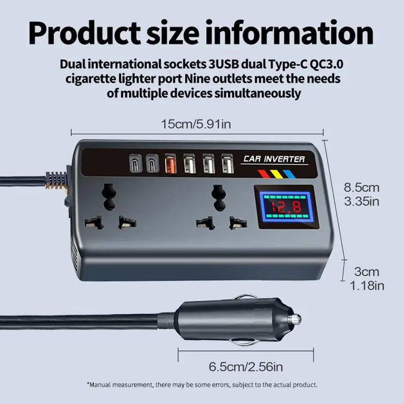Car Power Inverter 12V/24V to 220V – Portable Automotive Charger with 9 Ports (3 USB QC3.0 + 2 Type-C PD + AC Outlet)