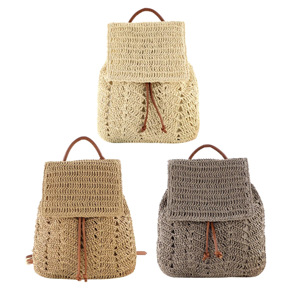 Woven Straw Shoulder Backpack for Women – Summer Beach & Holiday Bucket Purse Bag
