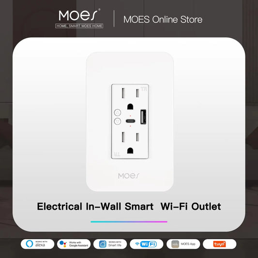 WiFi Smart Power Wall Socket – Dual Outlet Plug with USB & Type-C Ports, Alexa & Google Home Compatible Smart Socket for Home & Office