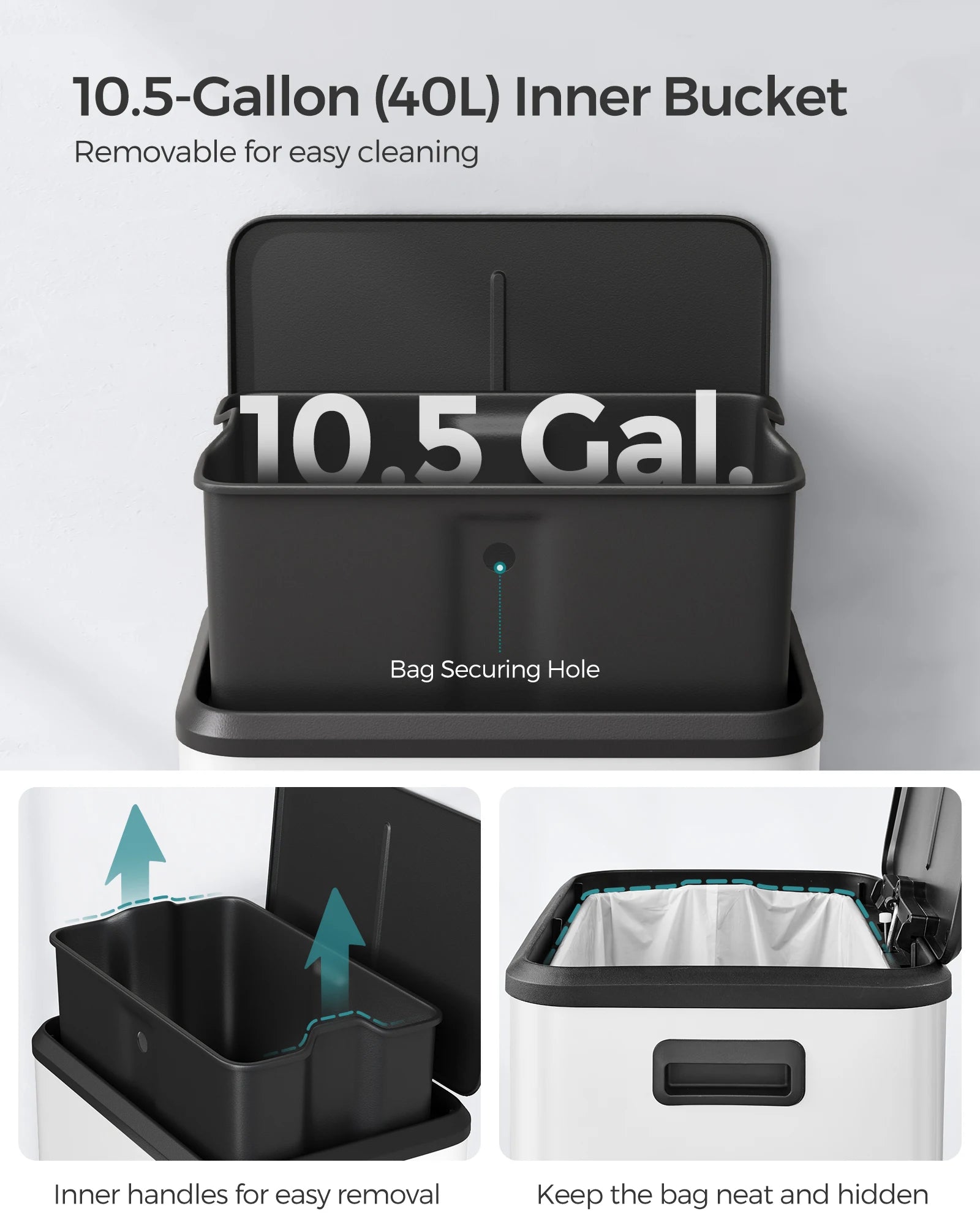 SONGMICS 10.5 Gallon Kitchen Trash Can – 40 L Stainless Steel with Wide Foot Pedal, Soft-Close Lid & Stays-Open Feature