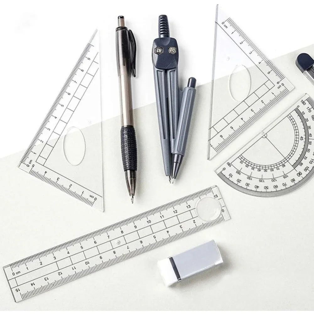Student Geometry Supplies Kit with Shatterproof Storage Box – Rulers, Protractor, Compass, Pencils, Leads & Erasers