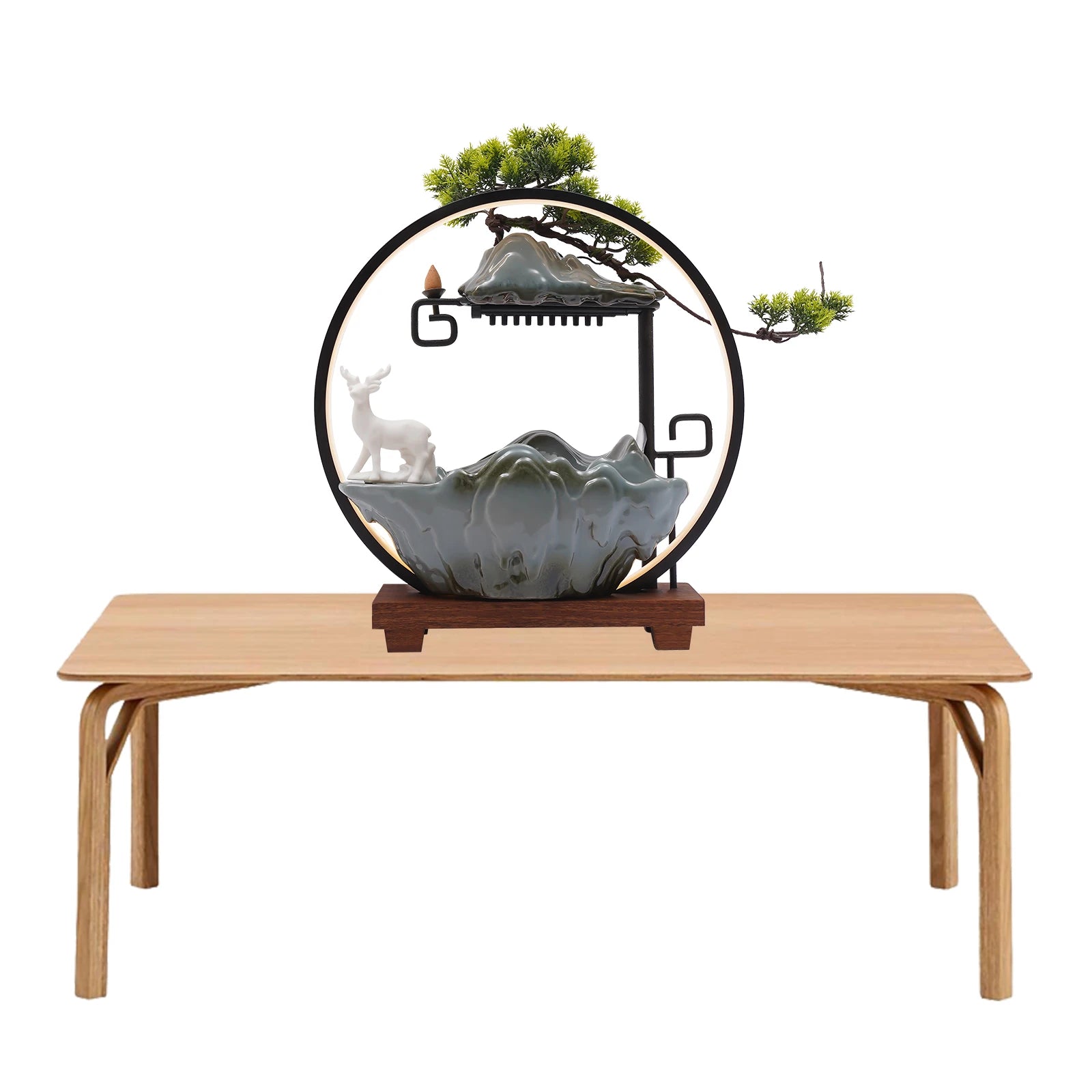Ceramic Indoor Tabletop Fountain – LED Light Waterfall with Mist, Deer & Plants Design for Home Spa & Yoga Relaxation