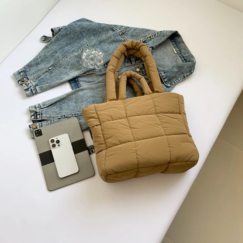 Women’s puffer tote bag – lightweight quilted padded shoulder handbag, solid-color fashion tote purse for outdoor travel, shopping & daily use