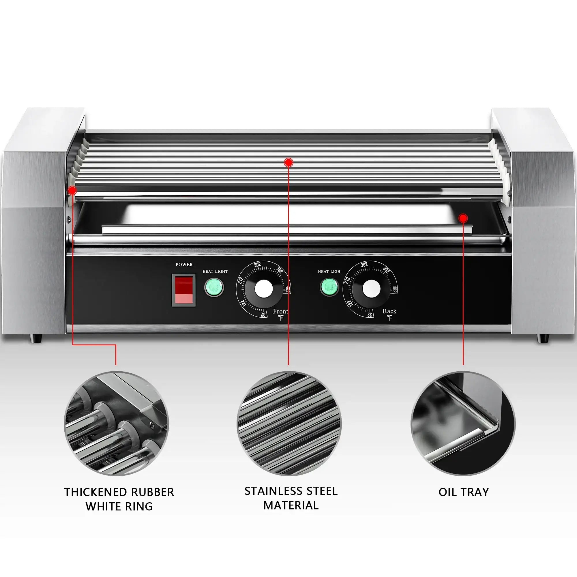Commercial 18-Hot Dog Roller Grill – 7 Non-Stick Rollers, Dual Zone Control, 900 W, PFOA & PFAS Free