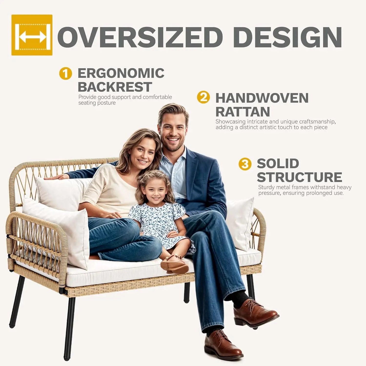 “Outdoor Loveseat Patio Wicker Furniture Set – Beige Cushioned 2-Seat Sofa with Adjustable Feet for Garden, Balcony & Porch”