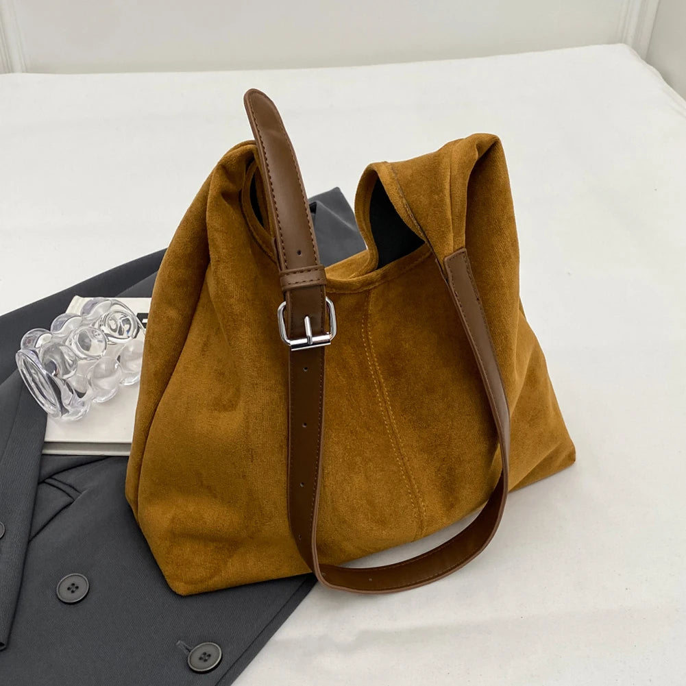 Women’s Suede Shoulder Crossbody Bag – Large-Capacity Vintage Tote Satchel with Adjustable Strap, Solid Color Casual Purse